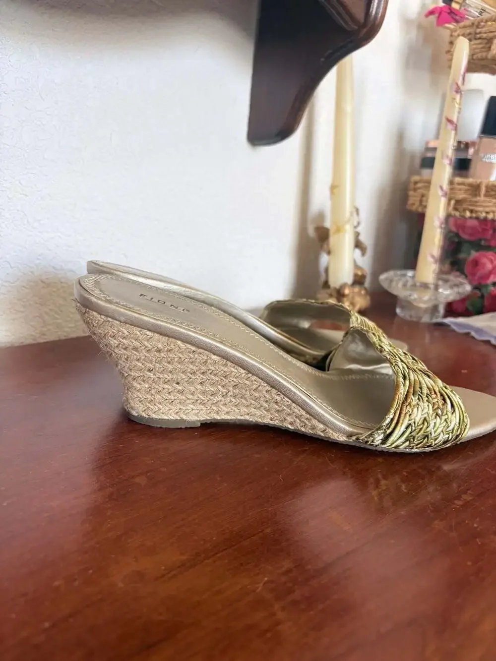 Fioni Gold Braided Wedge Sandals Mules